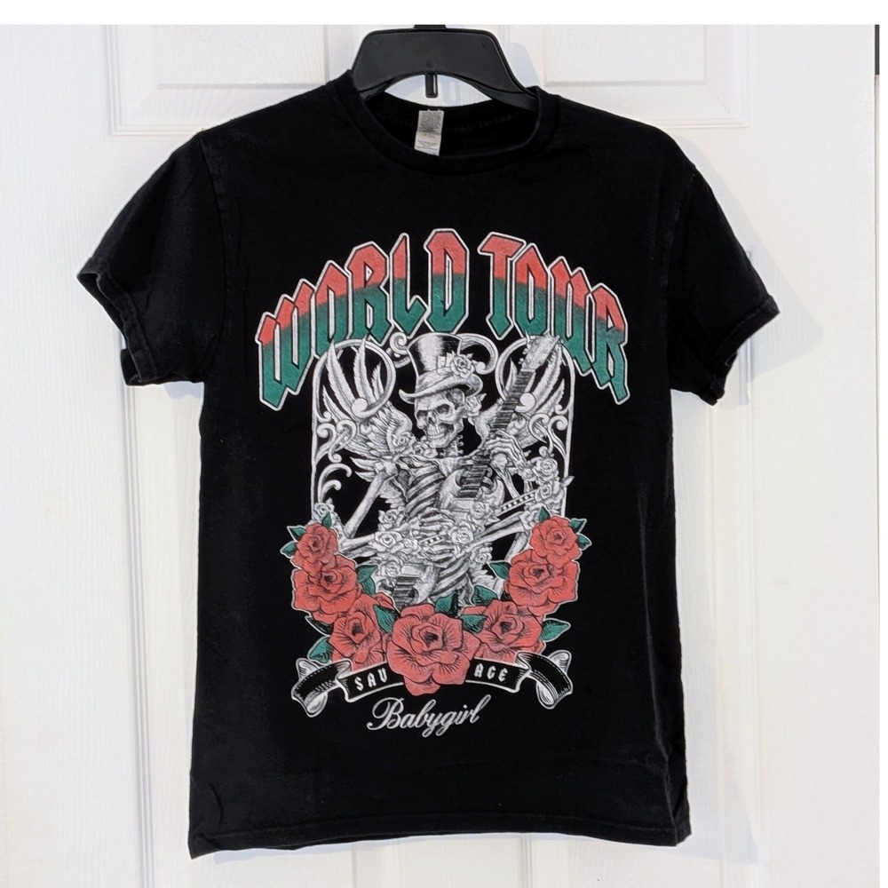Gildan World Tour Skeleton Guitarist Rose‎ Graphic T-Shirt Black Back Cutout S